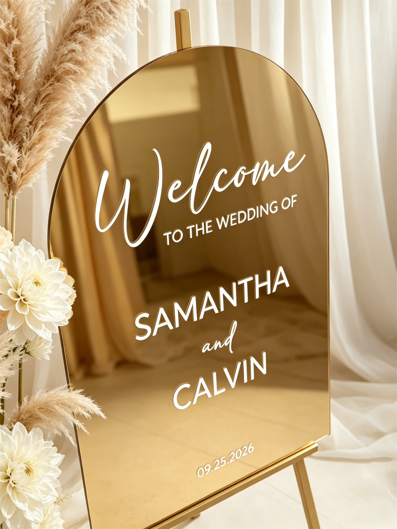 Mirror acrylic welcome signs, golden mirror wedding direction signs, custom wedding direction signs, ceremony welcome signs